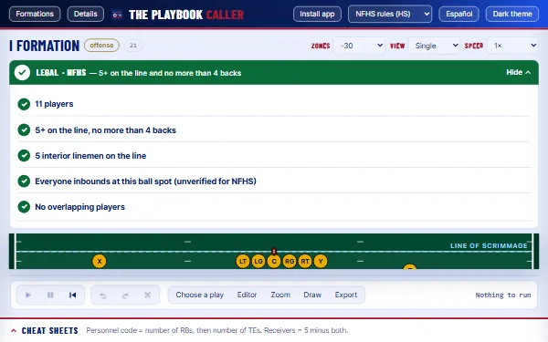 The Playbook Caller: the Rule Check panel lists every NFHS check for an I Formation as legal, each with a green tick.