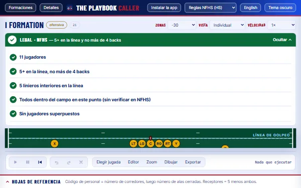 The Playbook Caller: el panel de revisión de reglas muestra cada comprobación NFHS de una formación I como legal, cada una con una marca verde.