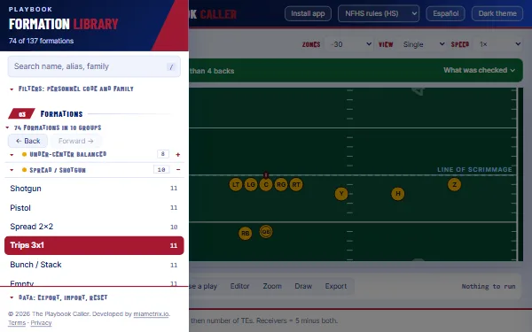 The formation library open beside the field, with the Spread / Shotgun family expanded and Trips 3x1 selected and on the field.