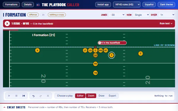 The Playbook Caller: an I Formation on a football field. The Rule Check bar reads “1 issue, NFHS: 5 in the backfield”, and the player out of place is ringed.
