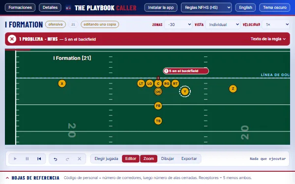 The Playbook Caller: una formación I en un campo de fútbol americano. La barra de revisión de reglas dice “1 problema, NFHS: 5 en el backfield” y el jugador mal colocado aparece marcado.