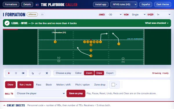 Draw mode on the I Formation: routes drawn from X, Z, Y and the tailback, with the notation buttons, the Ball to menu and Save as play under the field.