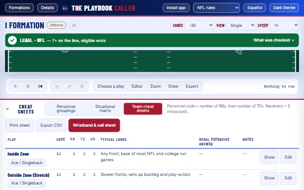 The Team cheat sheets tab under the field, listing saved plays with their code, personnel and typical looks, and the Print sheet, Export CSV and Wristband & call sheet buttons.