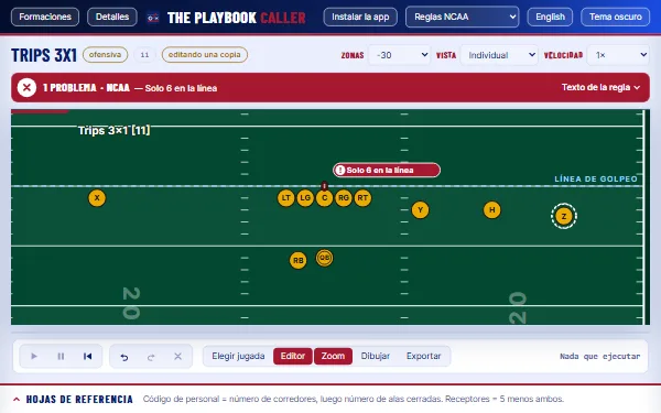 The board in Spanish under NCAA rules: Trips 3x1 with Z dropped off the line, a red bar reading 1 PROBLEMA · NCAA, Solo 6 en la línea, and an English button in the top bar.