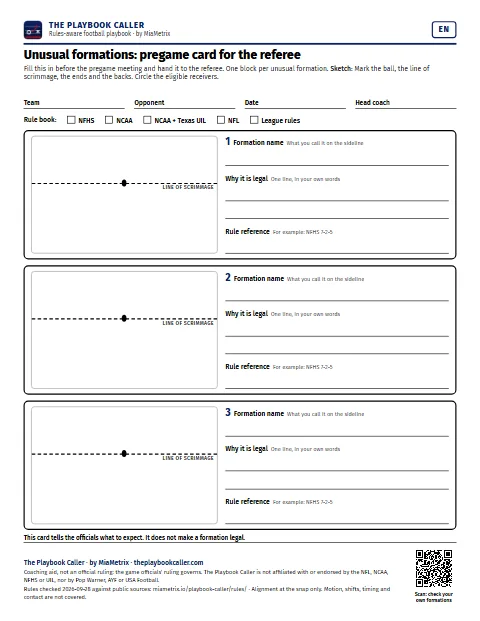 Preview of the pregame card: four boxes for a formation name, a sketch, why it is legal and the rule reference.