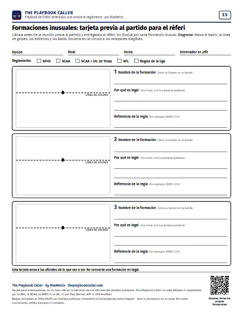 Vista previa de la tarjeta pregame: cuatro recuadros para el nombre de la formación, un dibujo, por qué es legal y la referencia de la regla.
